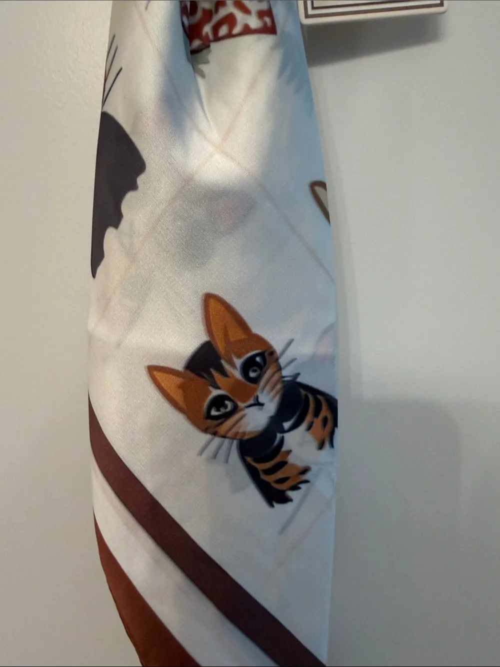 NWT- Adorable Fall Brown & White Silk-Look Cat Print Scarf